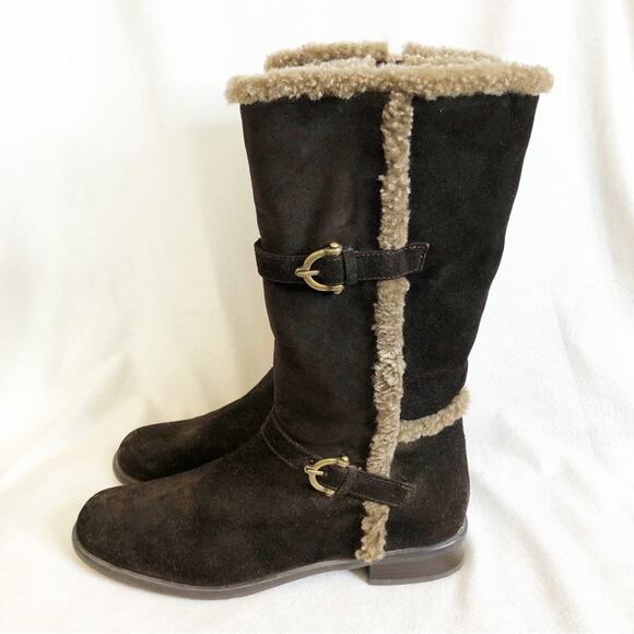 Stuart Weitzman Shoes - Stuart Weitzman dark brown suede fur trim buckle tall boots size 7.5 M